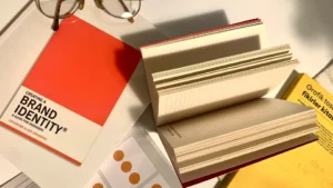 Brand identity guide with mood boards and color swatches