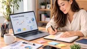 Marketer planning a content marketing strategy on a whiteboard