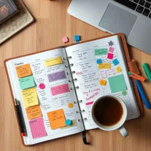 Colourful planner and coffee arranged neatly on a wooden desk.