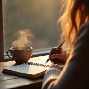 A cup of coffee beside a notebook on a wooden desk.