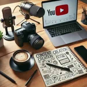 Creative workspace with a camera, microphone, laptop, and content planning materials.