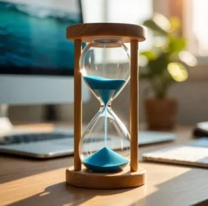 Glass hourglass with blue sand on a wooden desk beside a laptop.